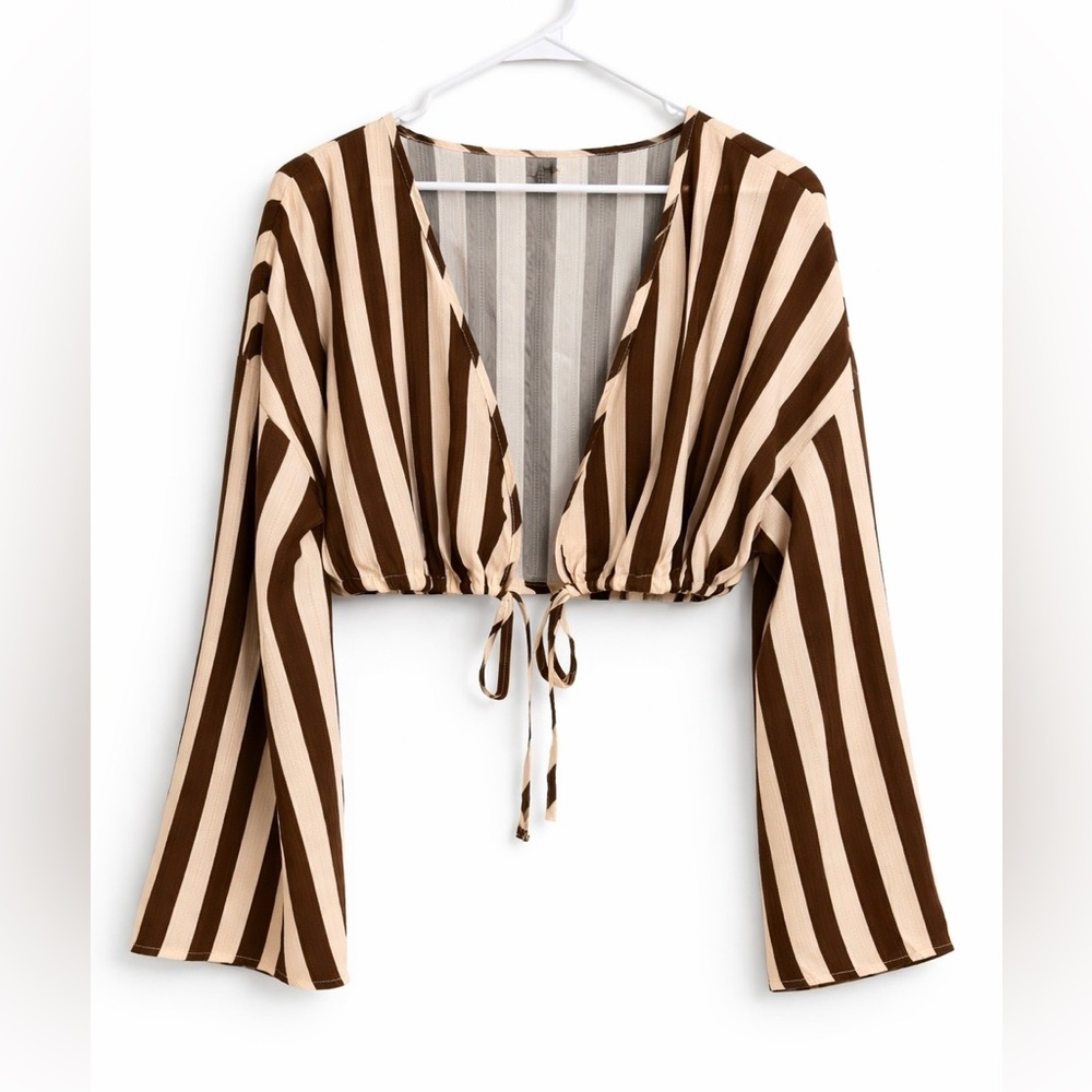 Brown & Cream Striped 2 Piece Set Wide Leg Pants Boho Minimalist Lounge Set - Picture 2 of 3